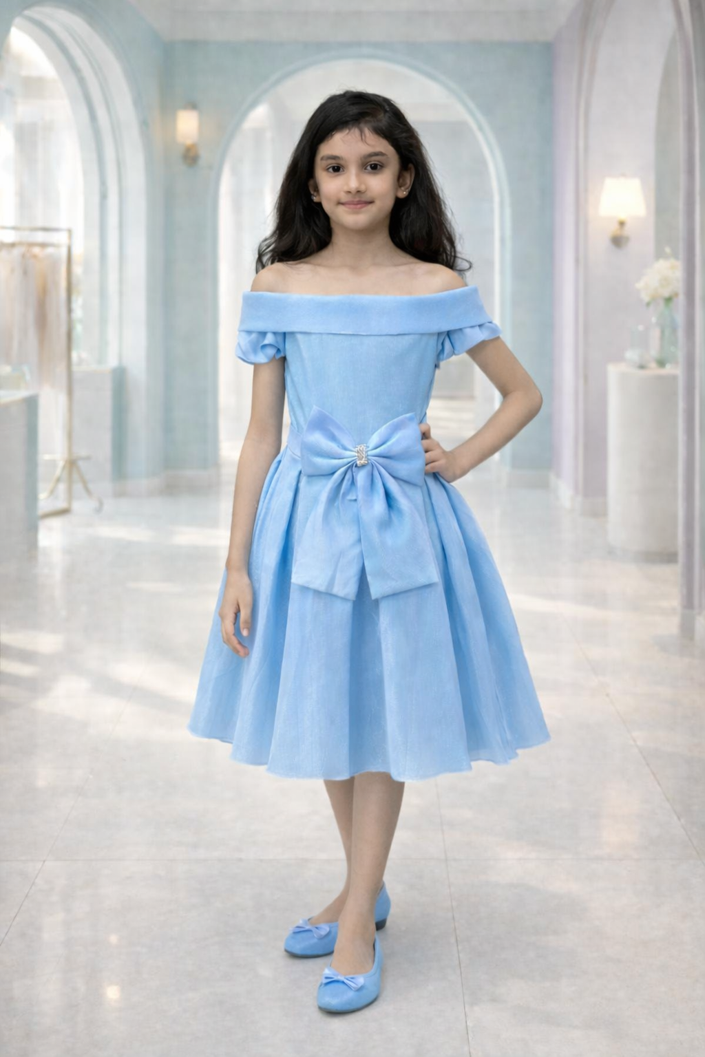 Young girl wearing a light blue off-shoulder dress from Nibblekins with a bow detail in a bright, elegant interior setting.