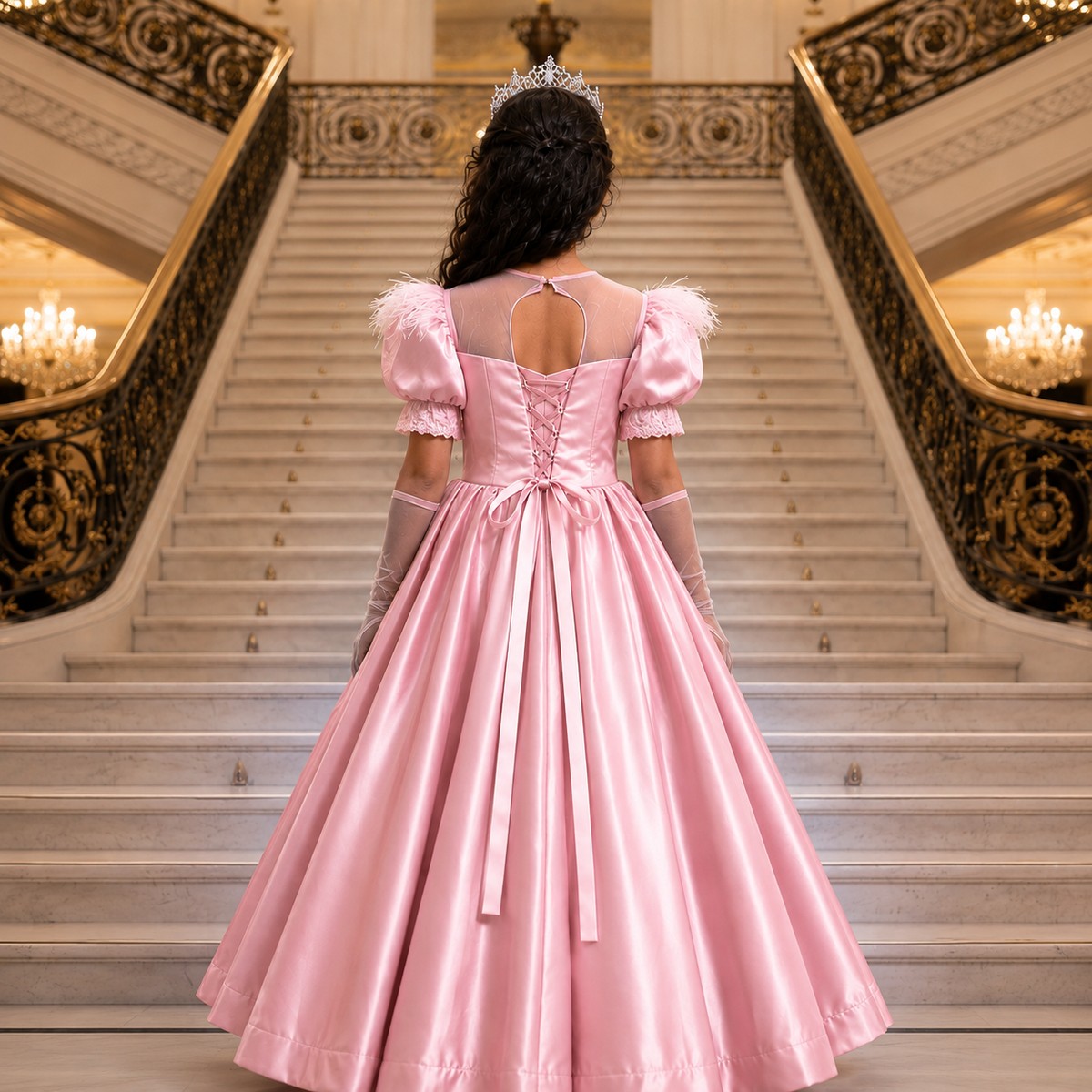 A woman viewed from behind wearing a pink ballgown with puff sleeves, a lace-up open back, and a full skirt, standing on a grand staircase in an ornate interior.