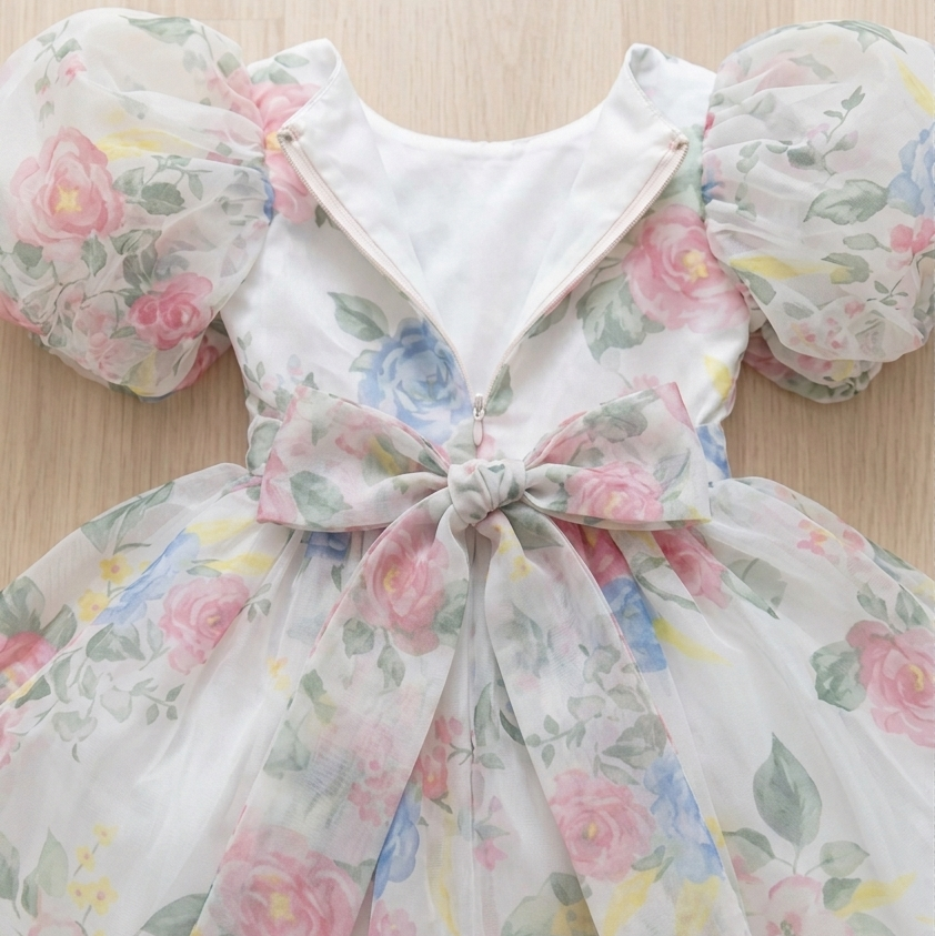 A white girls' dress with a pink, blue, and green floral print, featuring puffy sleeves, a V-neckline, and a large bow at the waist, laid flat on a light wood background.