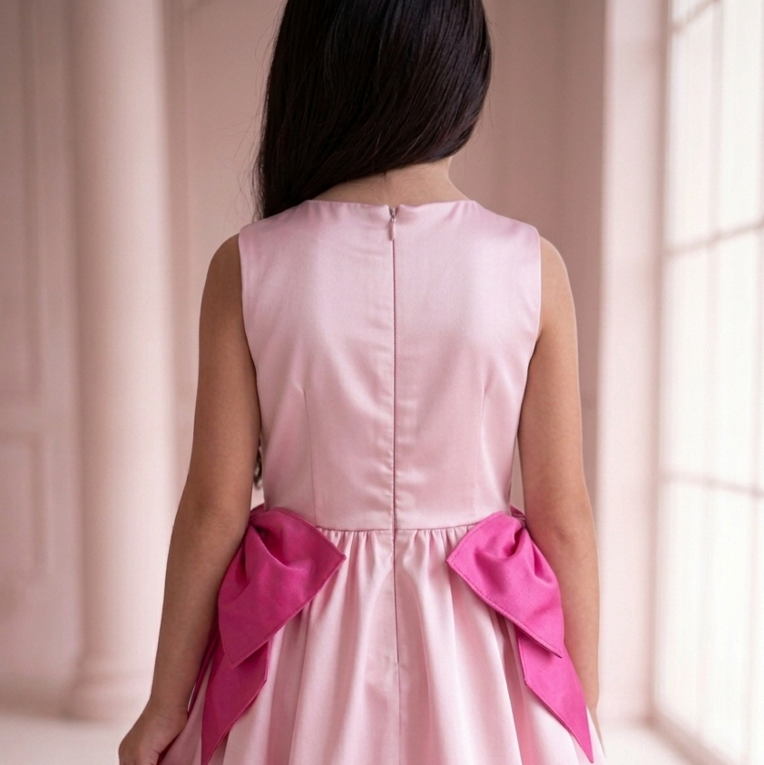 A child wearing a sleeveless light pink dress, shown from the back. The dress features a structured back with a central zipper and a flared skirt, accented by two large bright pink bow details at the waist.