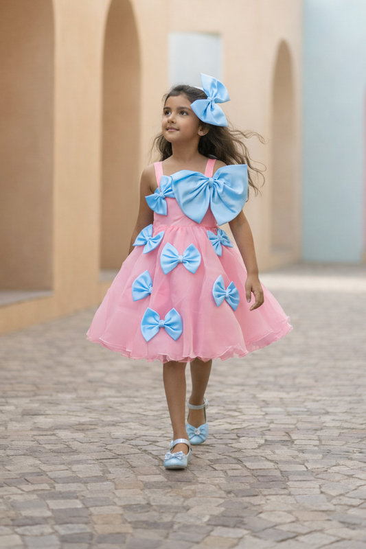Young girl in a pink dress with blue bow details from Nibblekins walking on a stone path.