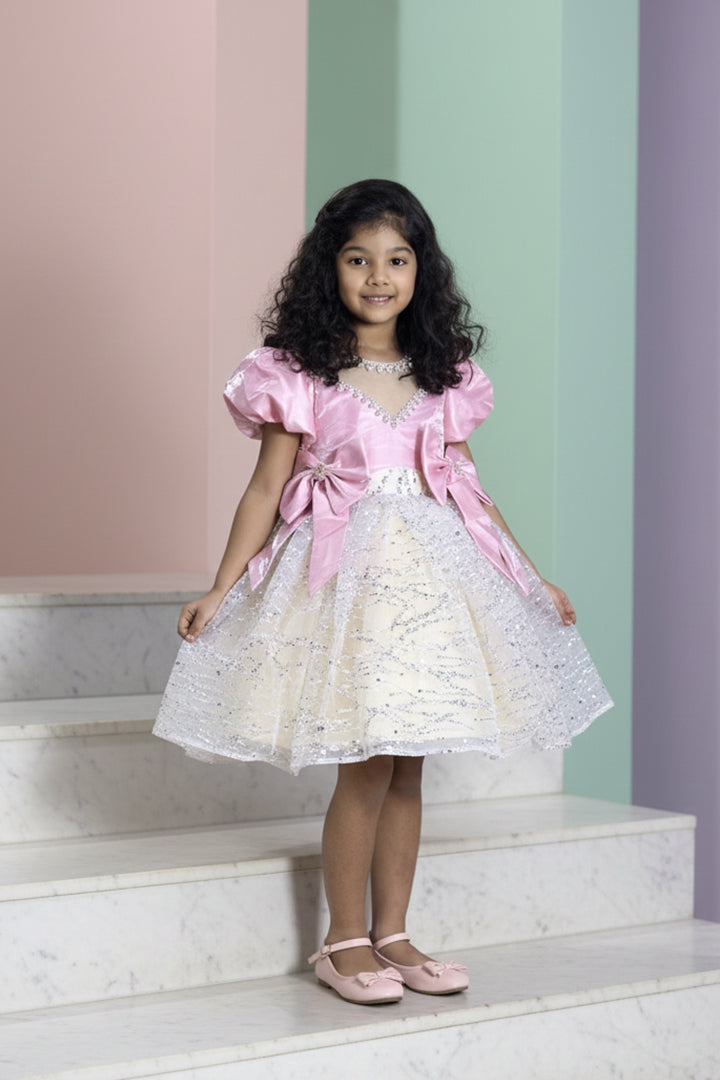 glitter bow dress Pink Sequin Birthday for Girls – Nibblekins Collection: A MINUTE PAST MIDNIGHT MGNY Mother Of The Paris heels in black Color/Fabric:ANTIQUE WHITE/AOB CREPE