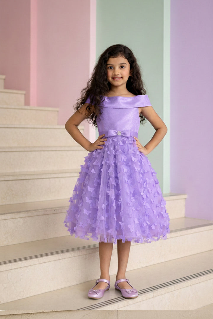 A Young girl in a purple dress from Nibblekins standing on a staircase with a pastel-colored wall background