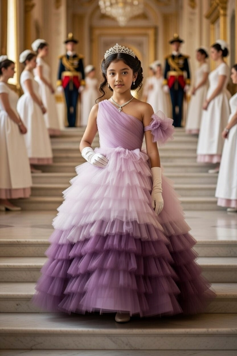 A Young girl in a princess purple flared dress standing on a staircase with other people in formal attire.