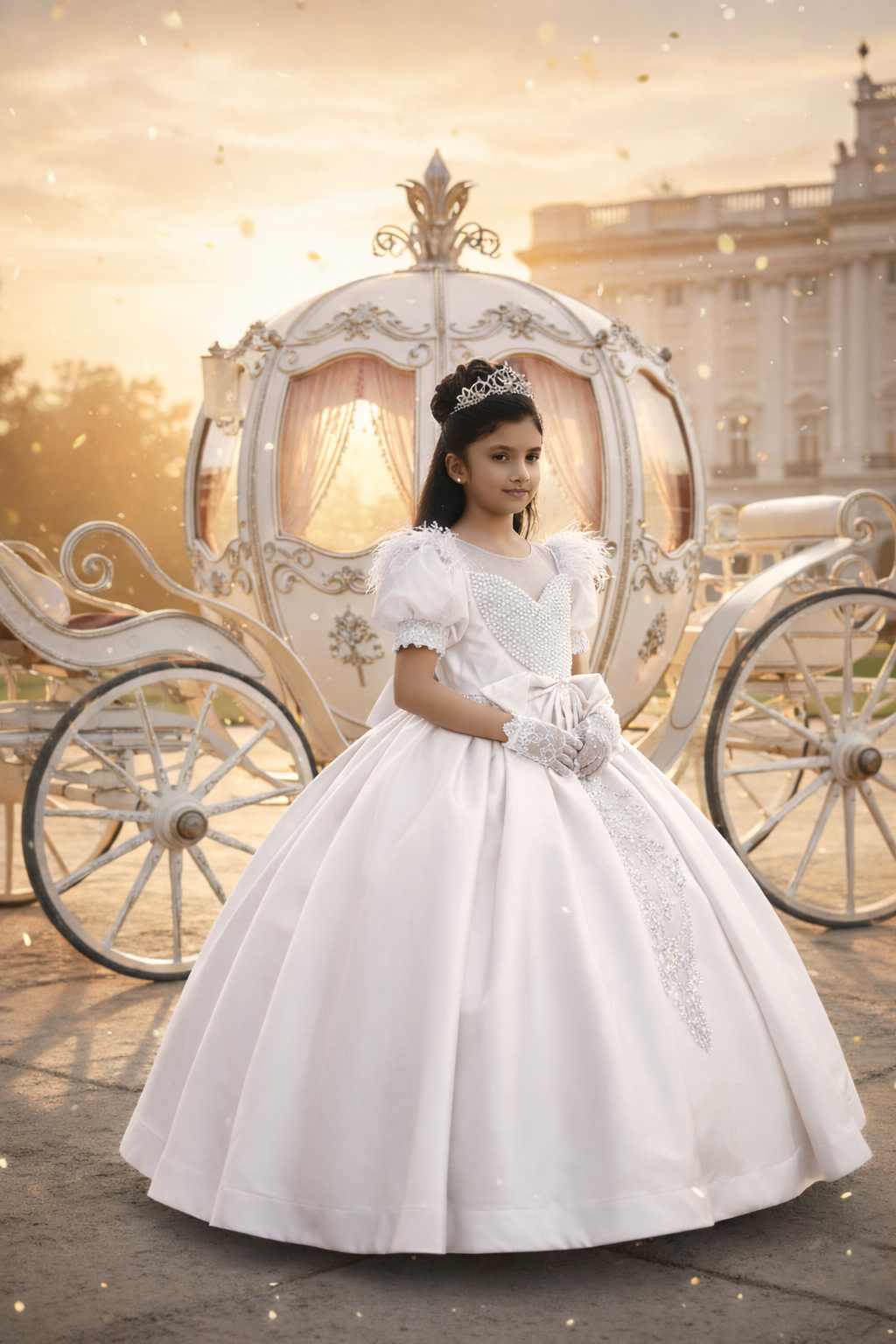 A Young girl in a white Royal Gown from Nibblewkins is standing in front of a fairy tale carriage.