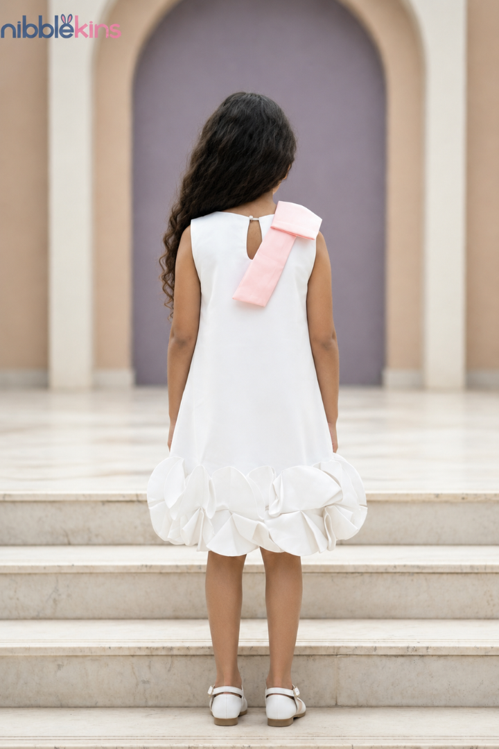 A young girl viewed from behind wearing a sleeveless white dress with a large light pink bow on the back, standing on stone steps in front of a purple arched doorway. The nibblekins brand logo is visible in the top left corner.
