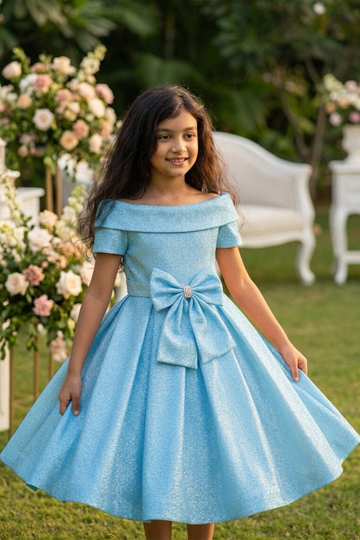 Blue Off-Shoulder A-Line Party Dress for Girls