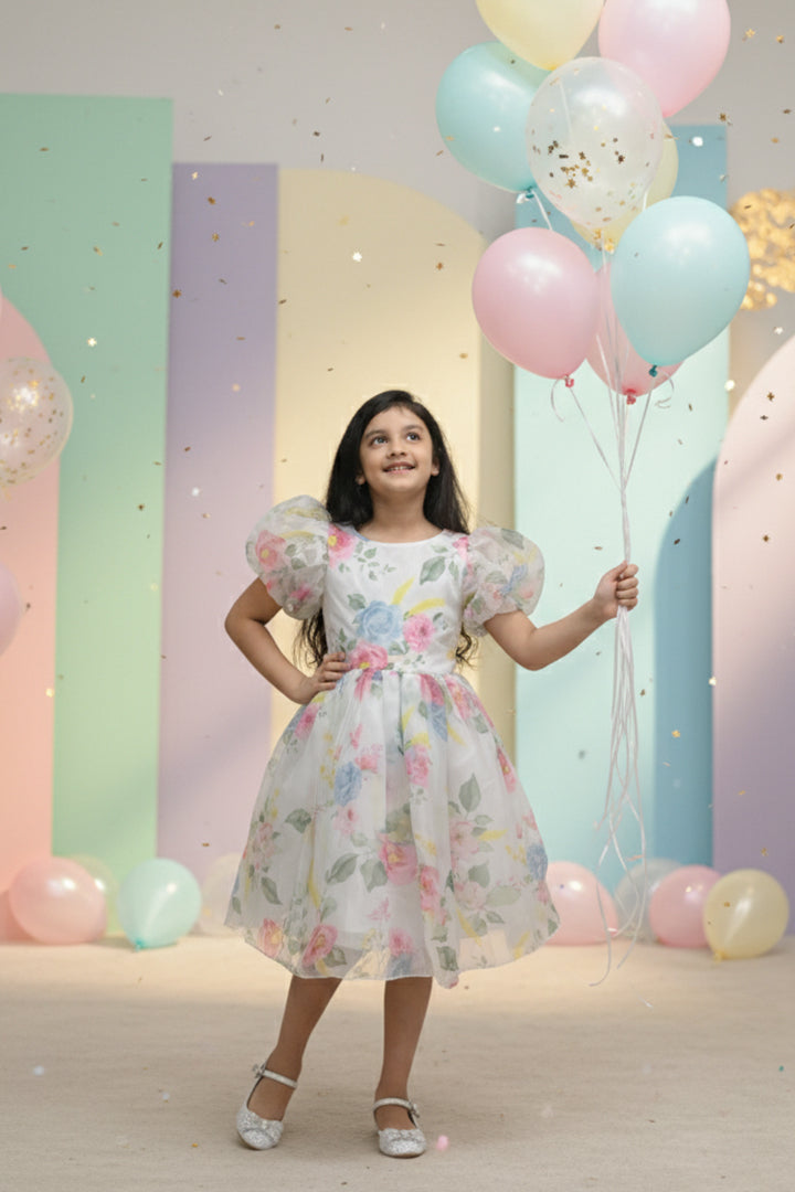 Young girl in a floral dress holding balloons against a pastel-colored wall.
