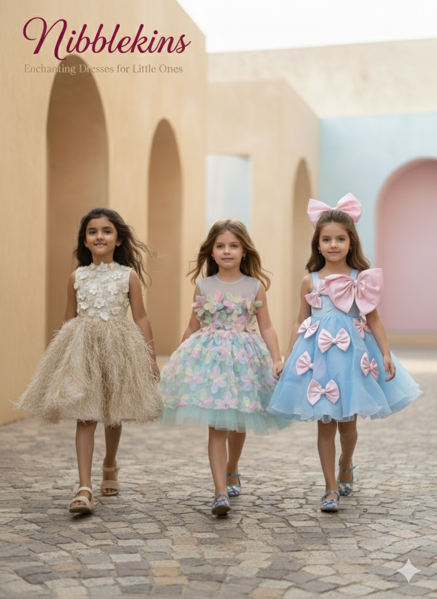 three girls in fairytale dresses waking with holding each other hands