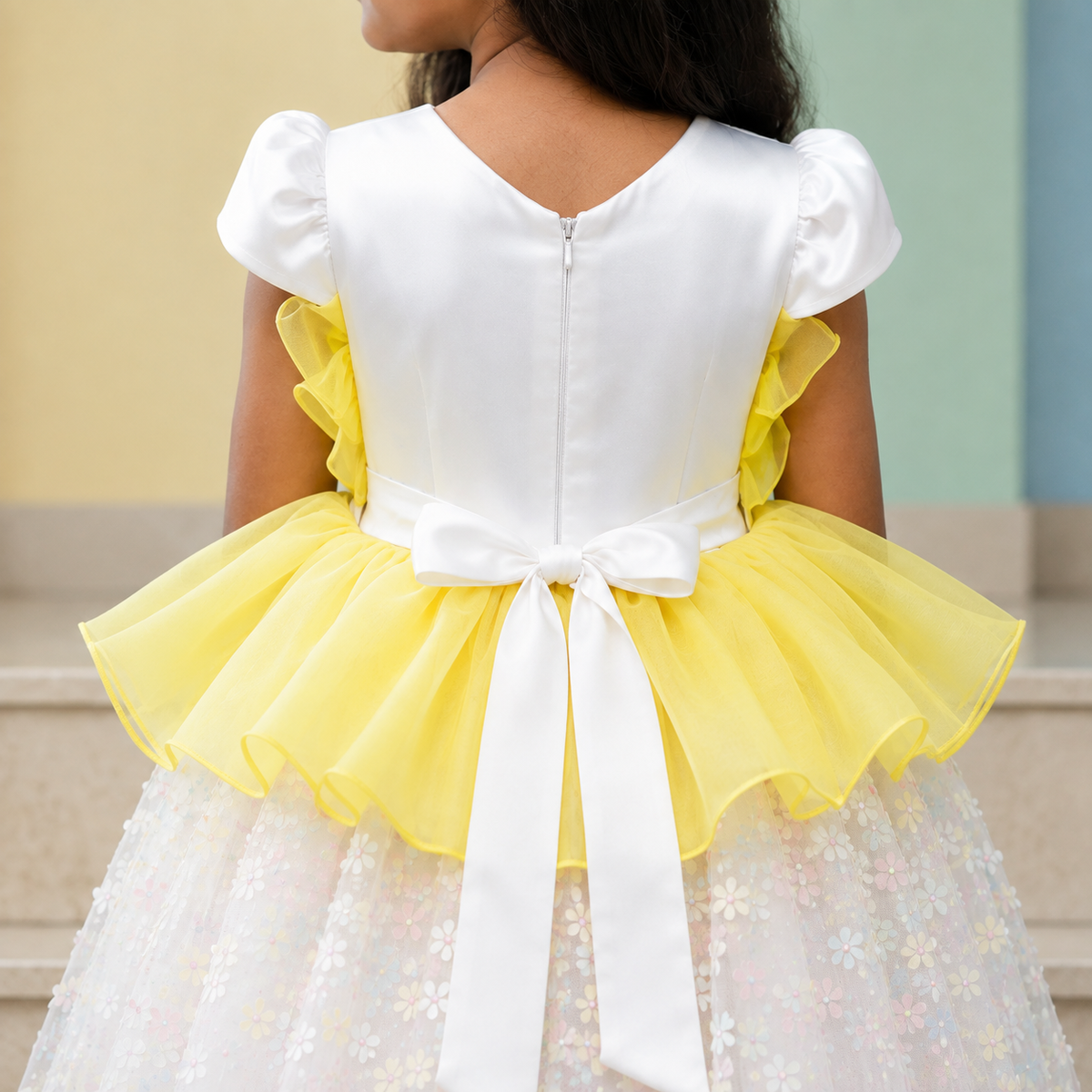 Back view of a young girl wearing a formal dress with a white satin bodice, ruffled yellow tulle skirt, and a long white ribbon bow at the waist, photographed outdoors against a softly blurred pastel wall.