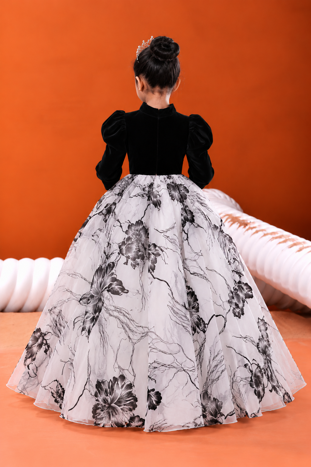 Black Velvet & White Floral Print Ball Gown for Girls | Nibblekins