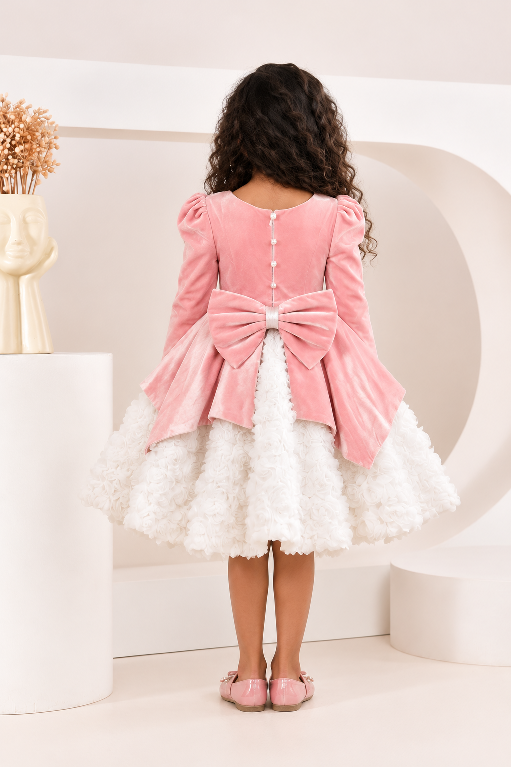 Pink Velvet Peplum Dress for Girls — Rosette Skirt | Nibblekins
