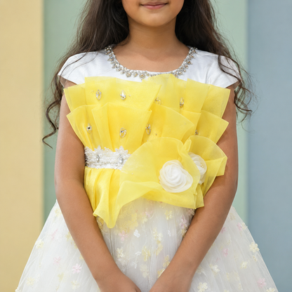 Ruffle A-Line Party Dress for Girls — Yellow & White Birthday Dress | Nibblekins