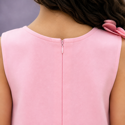 Close-up back view of a child wearing a sleeveless pink dress, showing the center back zipper and a pink hair bow on the shoulder.