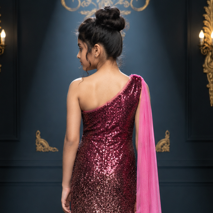 A woman stands with her back to the camera wearing a floor-length one-shoulder sequined gown in metallic rose gold with a bright pink draped overlay, posed in an elegant dark blue room with gold columns and wall sconces.