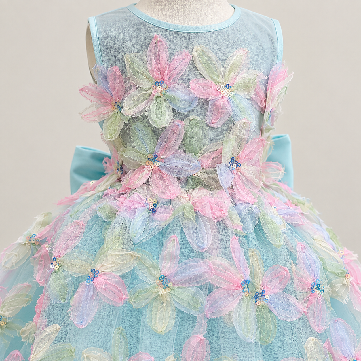 A sleeveless light blue tulle dress displayed on a mannequin, decorated with large 3D floral appliqués in pastel pink, mint green, and lavender, with small blue and gold sequins at the flower centers.