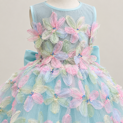 A sleeveless light blue tulle dress displayed on a mannequin, decorated with large 3D floral appliqués in pastel pink, mint green, and lavender, with small blue and gold sequins at the flower centers.