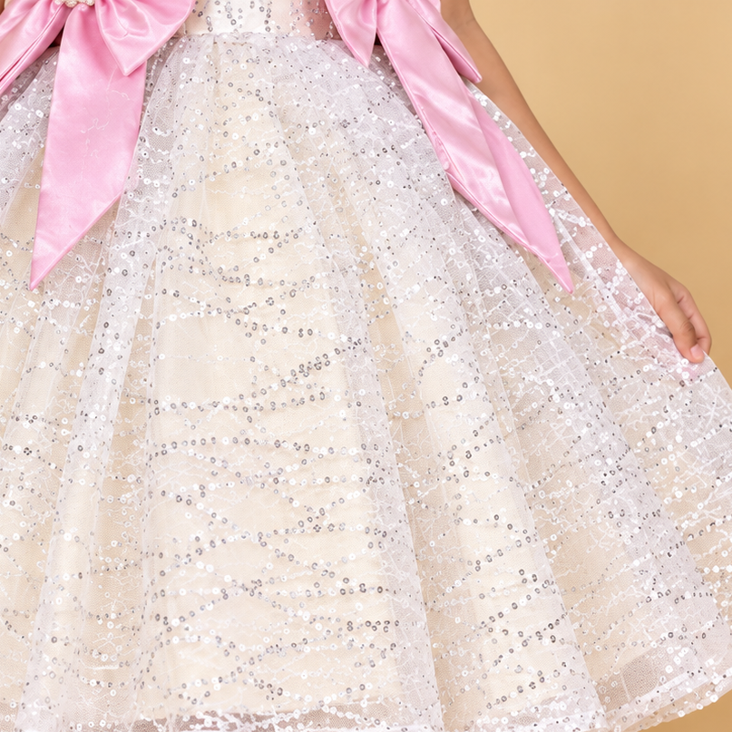 A close-up of a formal dress with a voluminous tulle skirt covered in silver sequins and large pink satin bows at the shoulders, shown on a model against a warm beige background.