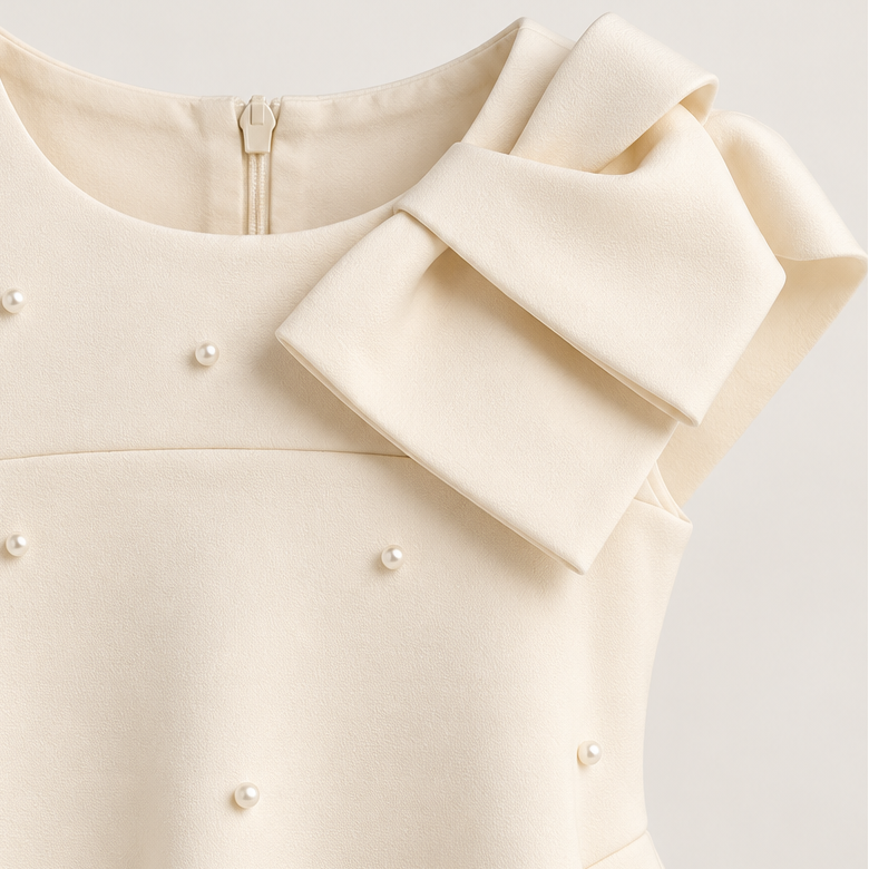 Close-up of a sleeveless cream dress with a large bow at the neckline and scattered pearl embellishments, shown against a light neutral background.