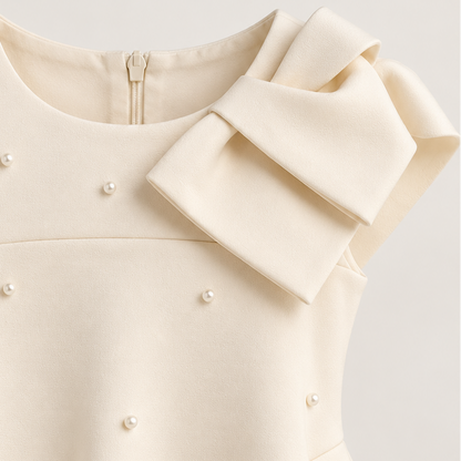Close-up of a sleeveless cream dress with a large bow at the neckline and scattered pearl embellishments, shown against a light neutral background.