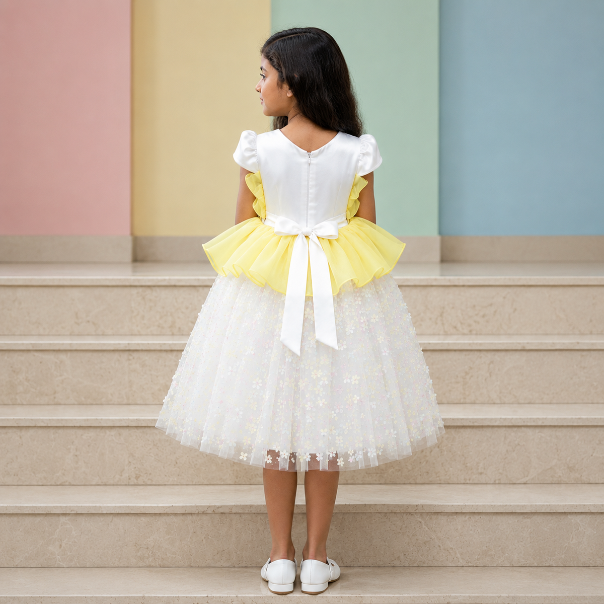 Ruffle A-Line Party Dress for Girls — Yellow & White Birthday Dress | Nibblekins