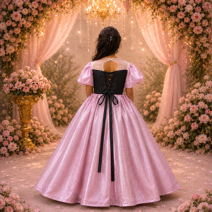 A young girl viewed from behind wearing a pink and black ballgown, standing in front of a romantic floral archway with pink roses, draped curtains, and warm hanging lights.