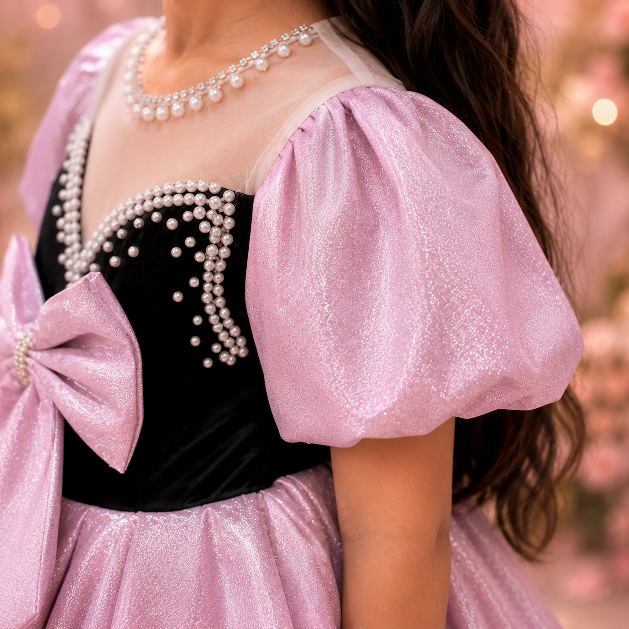 A close-up of a child wearing a glittery light pink and black princess-style dress with pearl embellishments, a matching pearl detailed neckline, and a large pink bow. The background is a soft, blurred pink bokeh.