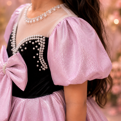 A close-up of a child wearing a glittery light pink and black princess-style dress with pearl embellishments, a matching pearl detailed neckline, and a large pink bow. The background is a soft, blurred pink bokeh.
