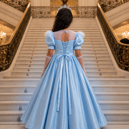 A woman viewed from behind wearing a light blue princess-style gown with puff sleeves, sheer back panels, long gloves, and a tiara, standing on a grand staircase in an ornate interior.