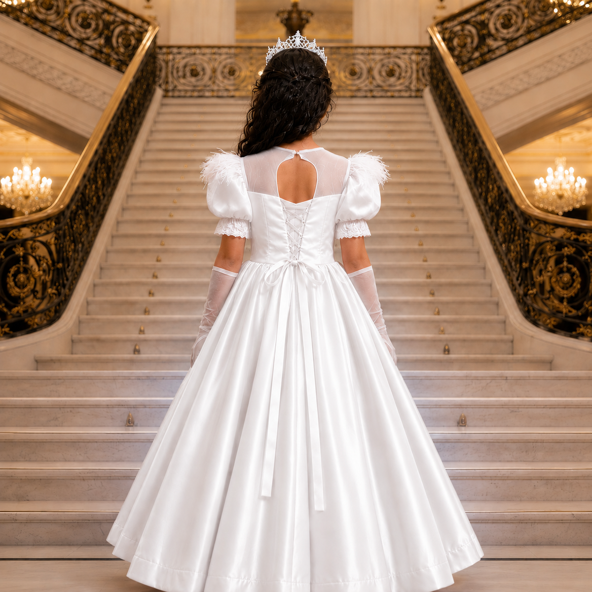 A woman viewed from behind wearing a white ball gown with puff sleeves, a lace-up open back, sheer long gloves, and a tiara, standing on a grand staircase in an ornate interior.