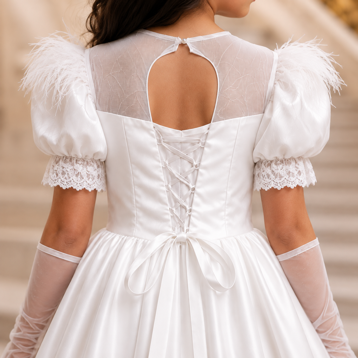 Back view of a white bridal dress with sheer mesh back panel, lace-up corset-style back, feathered puff sleeves, lace-trimmed cuffs, and sheer long gloves worn by a model.