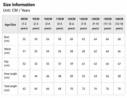 A size chart table titled 'Size Information' showing measurements in centimeters for age/size categories from 80CM to 160CM, with columns for Age/Size, Bust (cm), Waist (cm), Hip (cm), Knee Length (cm), and Total Length (cm).