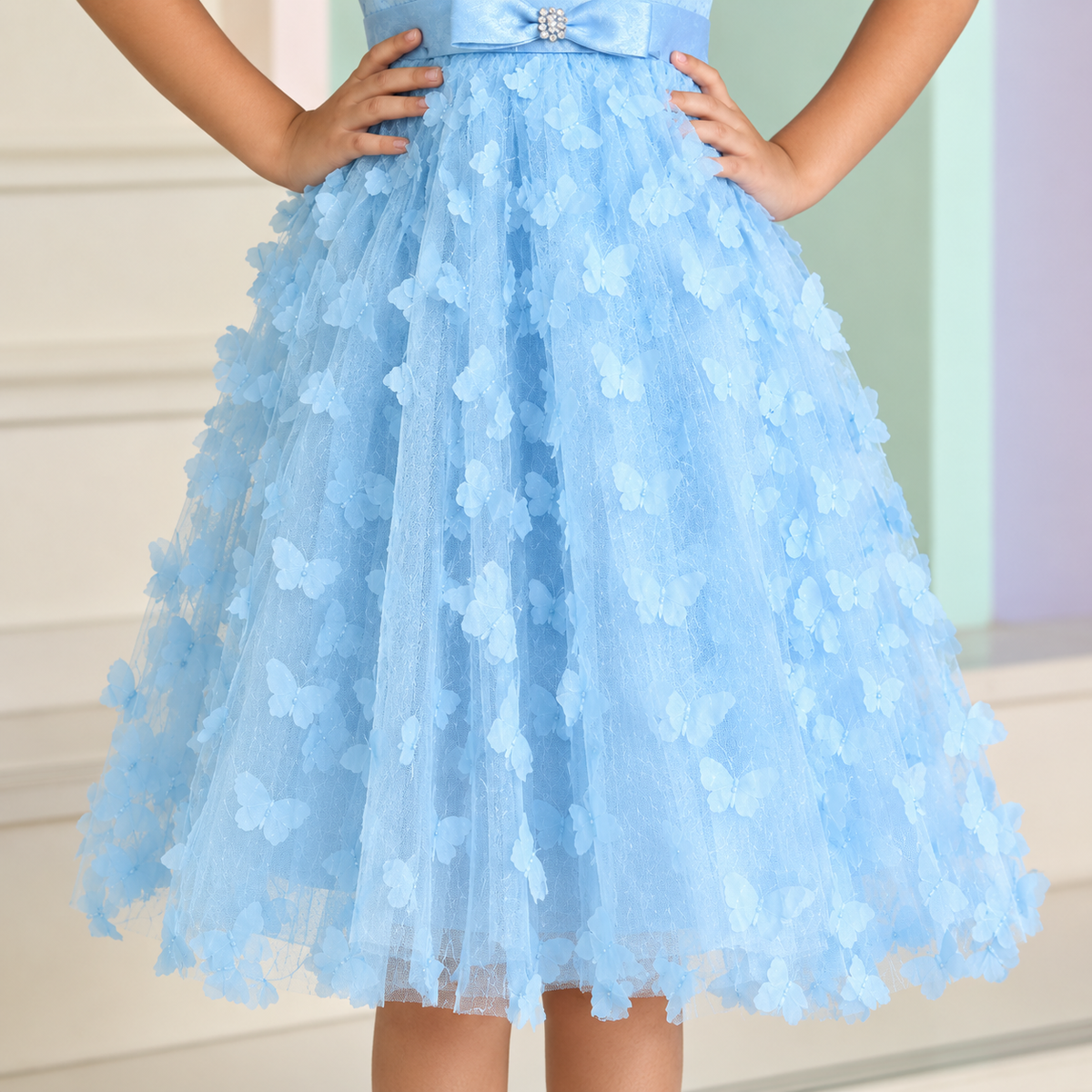 Off-Shoulder Butterfly Appliqué Tulle Party Dress for Girls | Nibblekins