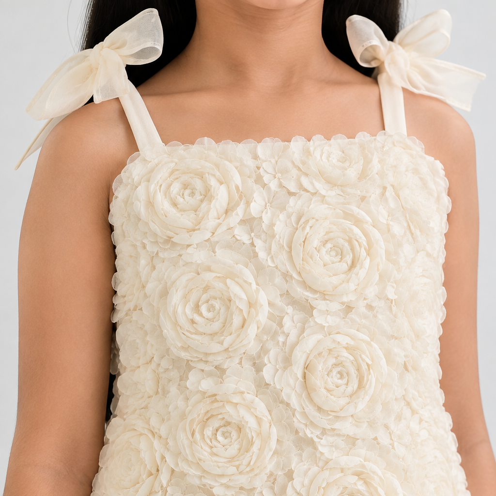 An off-white sleeveless dress featuring a 3D rosette floral pattern and sheer ribbon shoulder straps tied in bows, shown on a model.