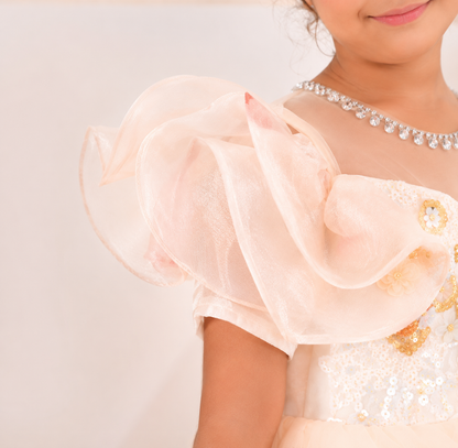Close-up of a child wearing a pale blush pink dress with dramatic ruffled organza puff sleeves, a jeweled neckline, and gold embellishments.