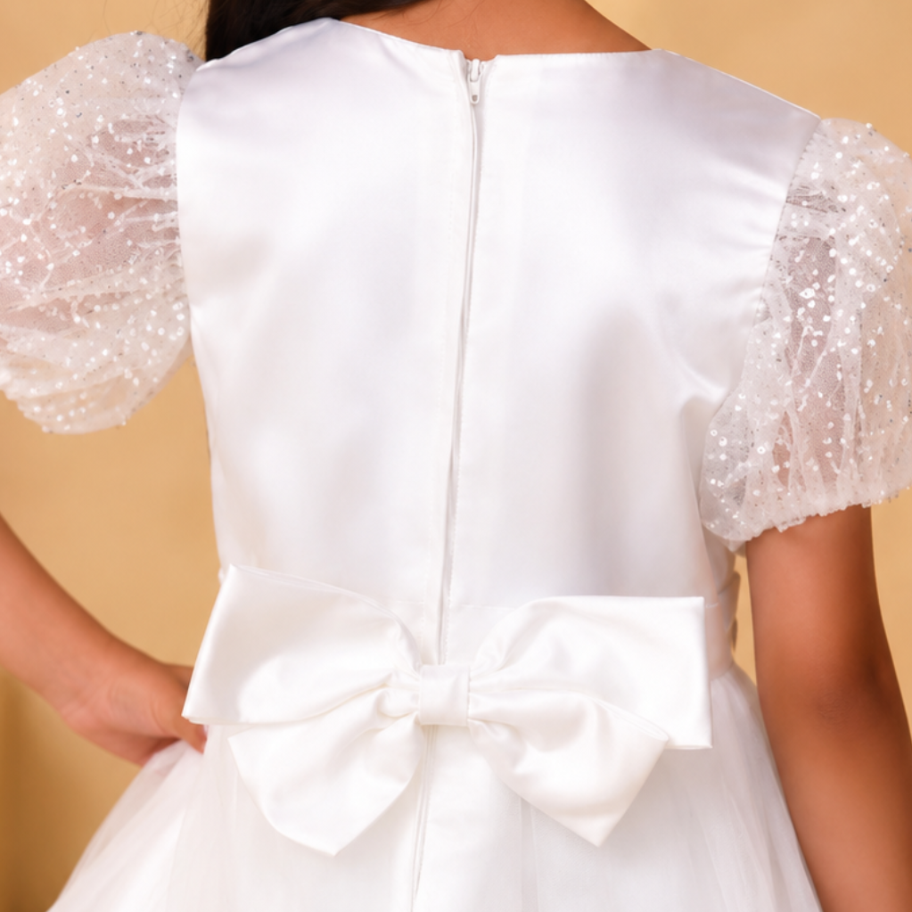 A child wearing a white satin and tulle dress, shown from the back. The dress features short puff sleeves with sequined detailing, a large bow at the waist, and a layered tulle skirt.