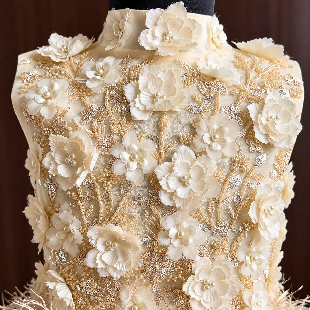 Golden Feather Party Dress for Girls — 3D Floral Bodice | Nibblekins