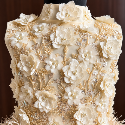 Golden Feather Party Dress for Girls — 3D Floral Bodice | Nibblekins