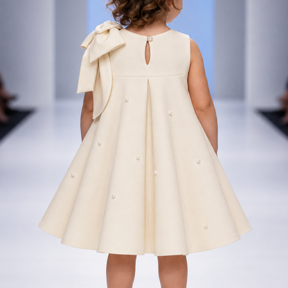 A young child viewed from behind wearing a cream sleeveless dress with a large bow on the back, pearl-like embellishments, and white flats, standing on a runway.