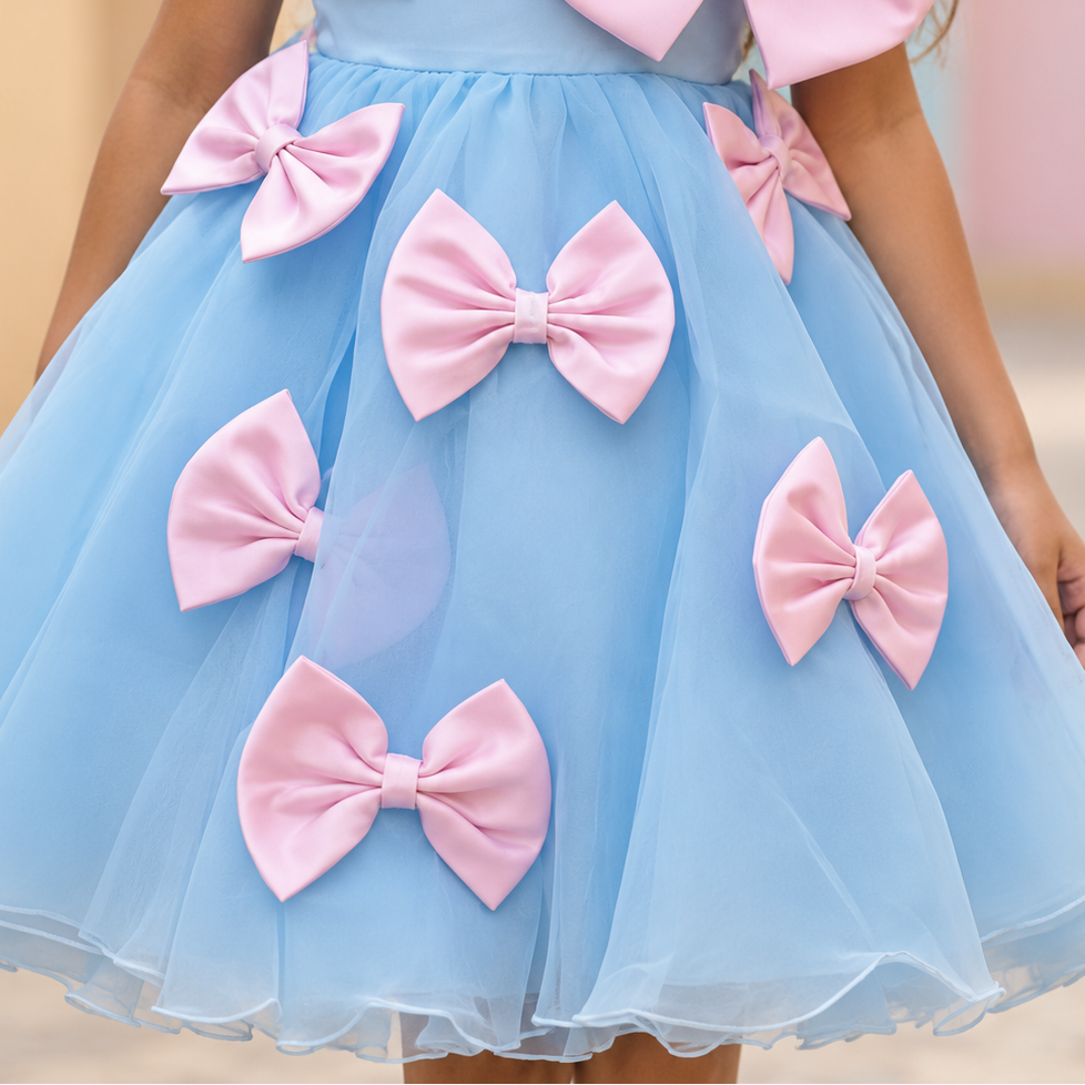 Blue Tulle Pink Bow Party Dress for Girls | Nibblekins