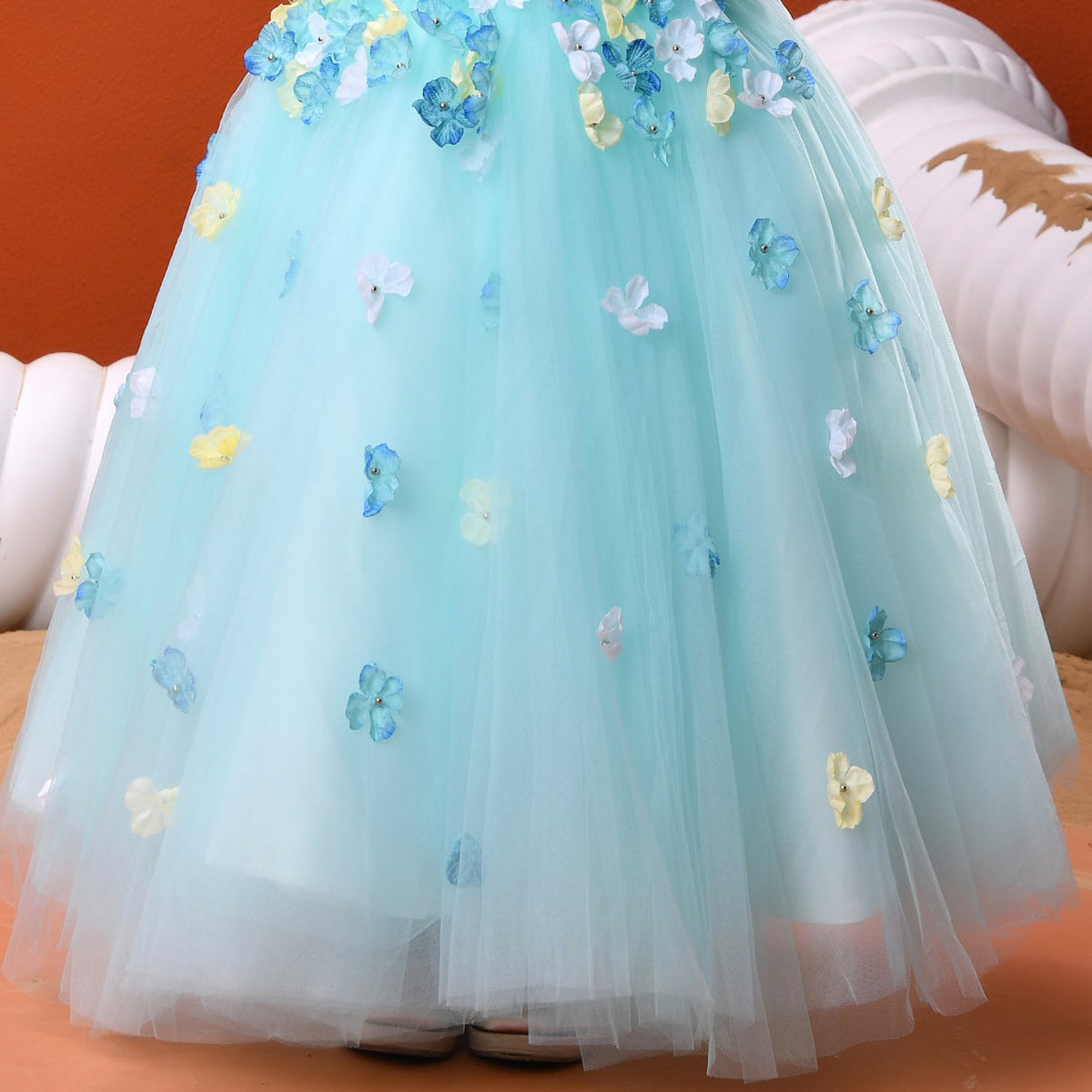 Aqua Blue Floral Cascade Ball Gown for Girls | Nibblekins