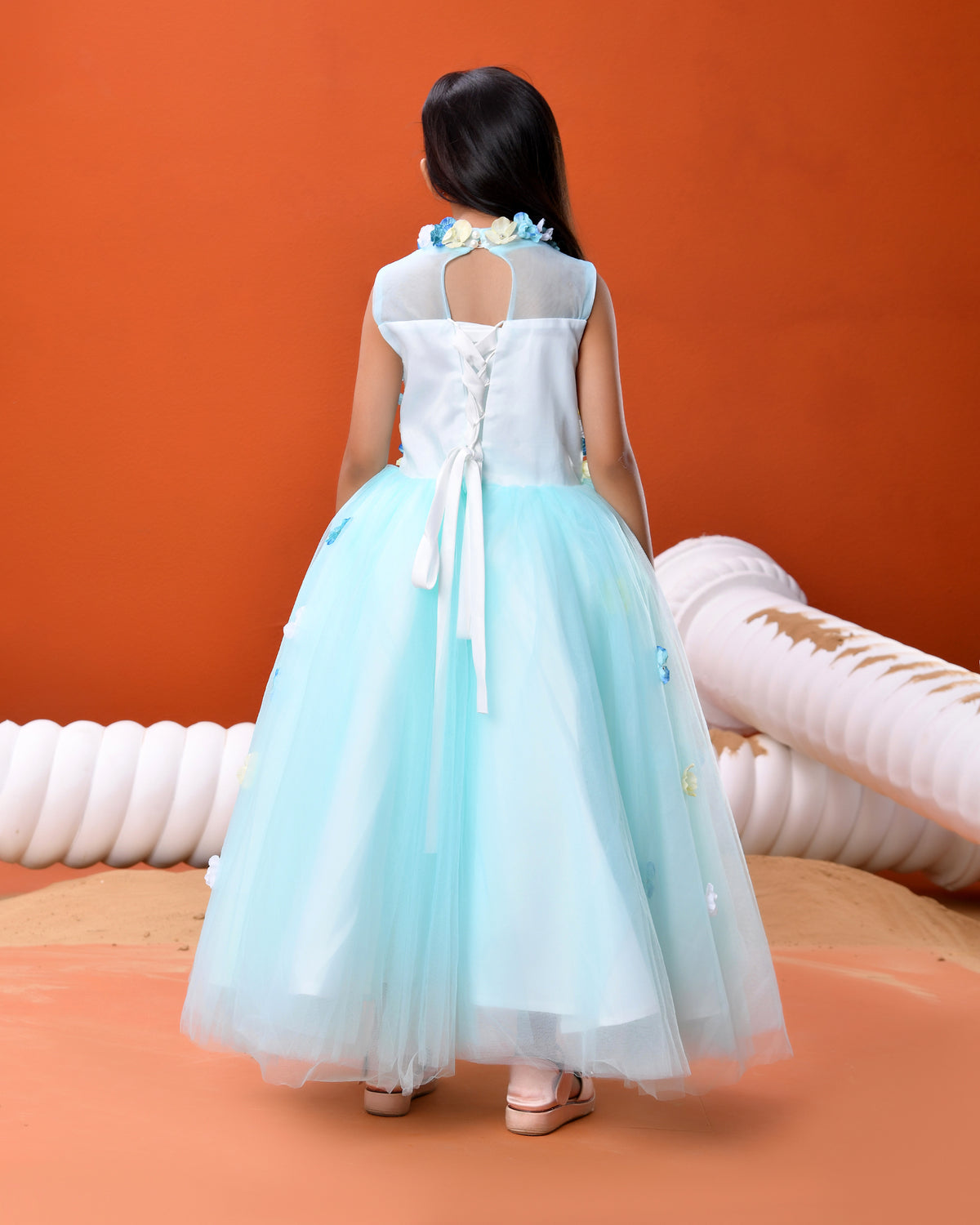 Aqua Blue Floral Cascade Ball Gown for Girls | Nibblekins