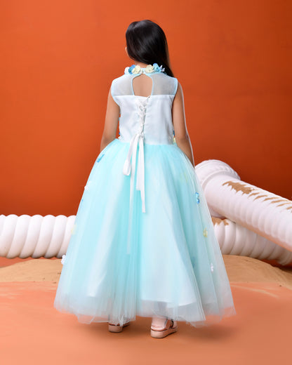Aqua Blue Floral Cascade Ball Gown for Girls | Nibblekins