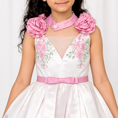 A young girl wearing a white and pink floral dress with pink fabric roses on the shoulders, a pink choker collar, and a pink waist sash.