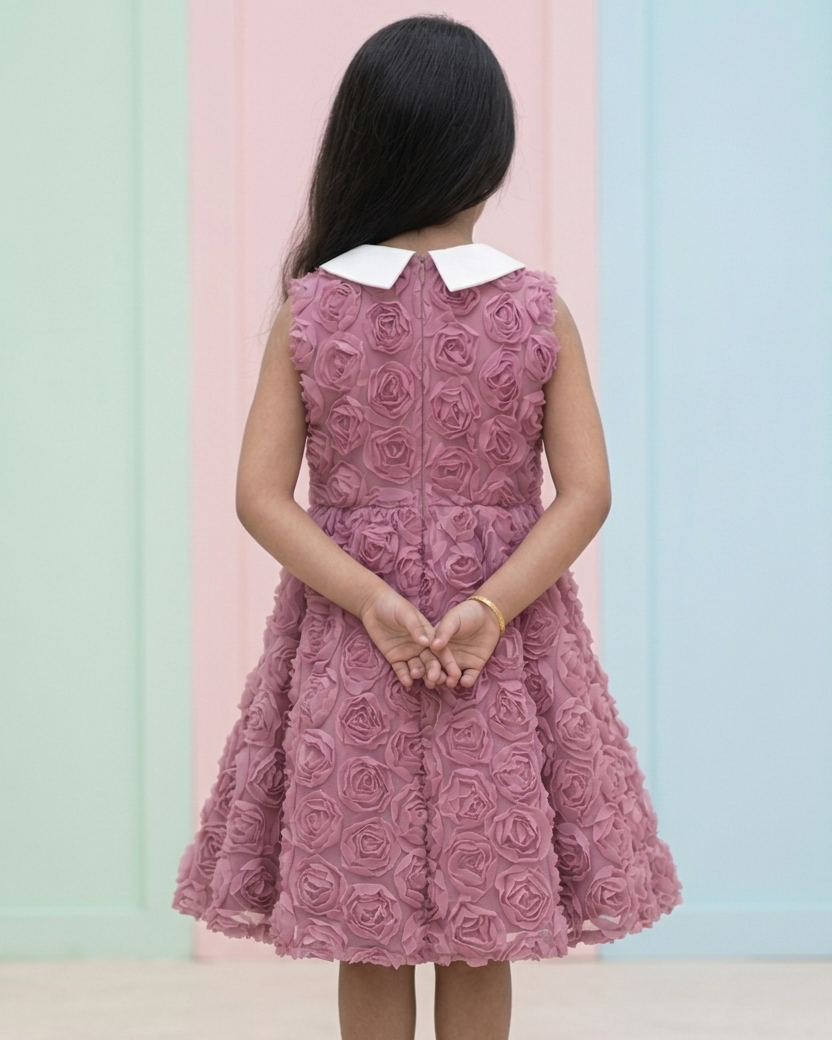 A young girl viewed from behind wearing a sleeveless dusty pink dress with 3D rose texture, a white Peter Pan collar, and matching pink flats, standing against a pastel pink and light blue paneled wall.