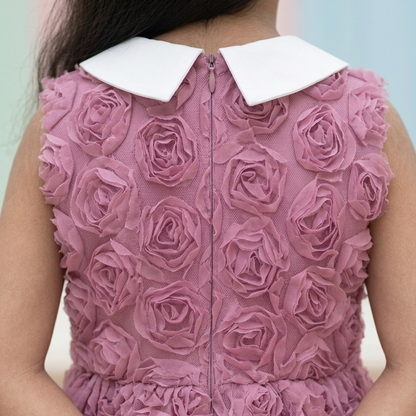 Back view of a child wearing a sleeveless dusty pink dress with 3D rose texture and a contrasting white collar.