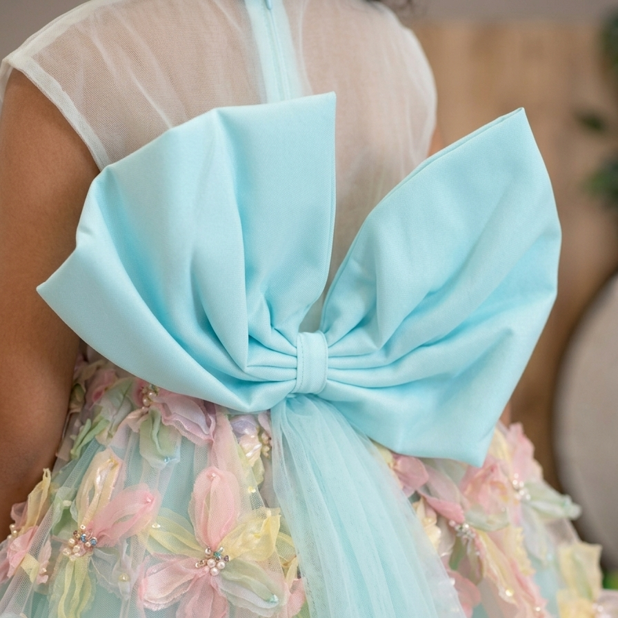 Aqua Floral Appliqué Tulle Dress for Girls — Back Bow | Nibblekins