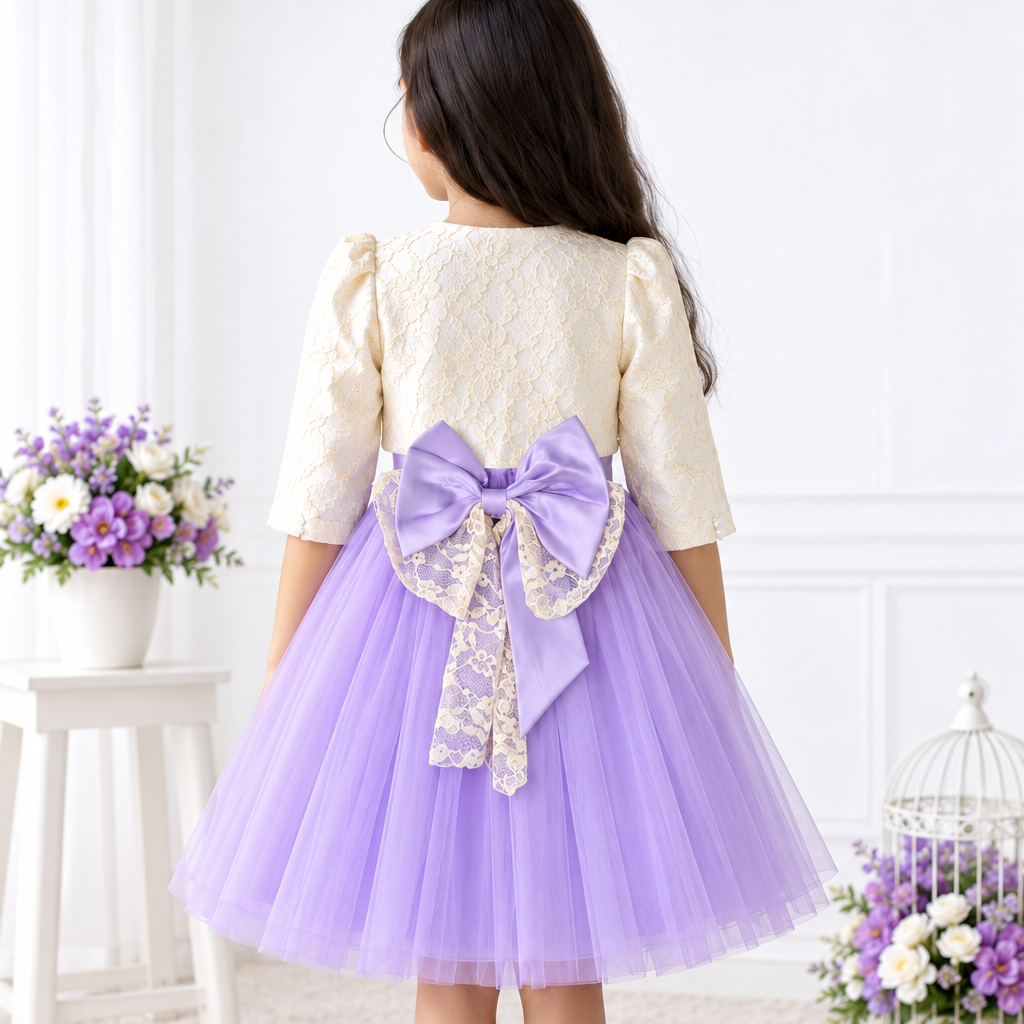 backside of purple with ivory jacket dress