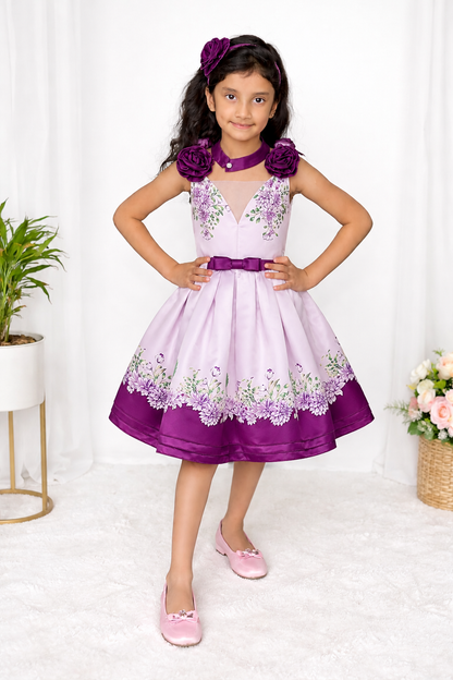Purple Floral Party Dress for Girls — Rose Shoulders | Nibblekins
