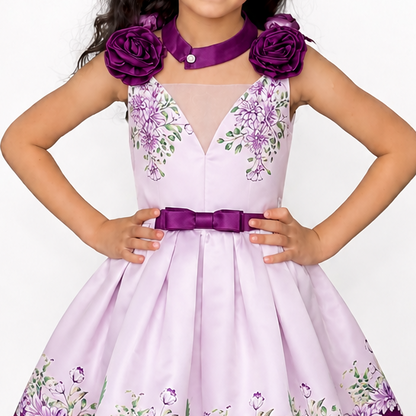 A young girl modeling a lavender and purple formal dress with floral embroidery, a purple waist sash, and matching purple flower headband and shoes, standing against a white curtain backdrop.